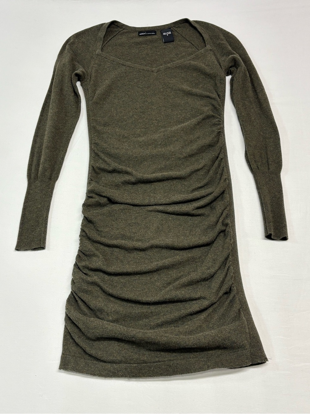 Moda International Olive Green Ruched Knit Sweater Dress Size S 100% cotton 417